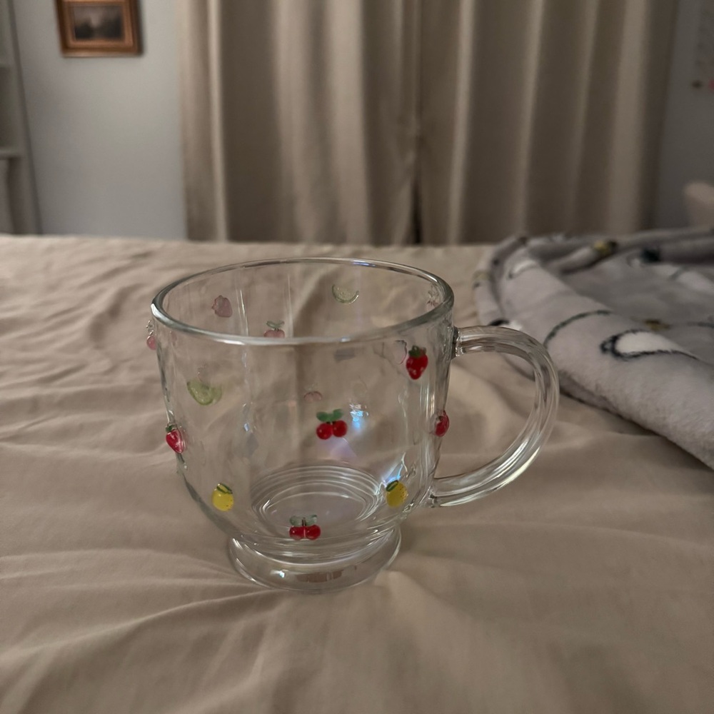 Clear Glass Mug with fruit Design.